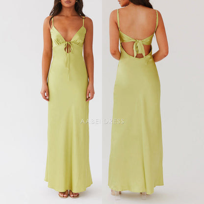 AABEI DRESS Elegant Solid Color Adjustable Thin Shoulder Straps Cutout Tie-Up Front Backless sexy Long Prom Dresses