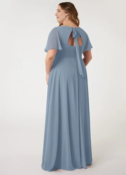 Wedding Guests Dresses Dusty Blue A-Line Deep V Neck Flounce Sleeve Chiffon Side Fork Floor-Length Elegant Plus Size Formal Dress Discount Hot Sale Prom Dress