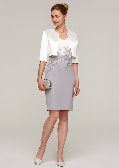 Classic Vintage Wedding Guest Dresses Chiffon Sheath/Column V Neck Short Sleeve Pleated Lace Appliqued With Half Sleeve Jacket Two-Piece Knee-Length Bargain Mother of the Bride Dress