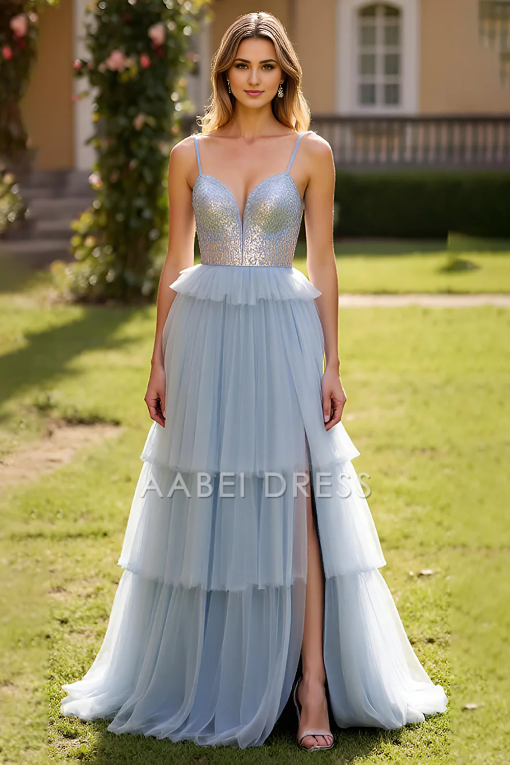 AABEI DRESS Hot Sale Prom Dress A Line Sweetheart Spaghetti Strap Backless Tulle Ruched Tiers Fashion Long With Slit Formal Dress