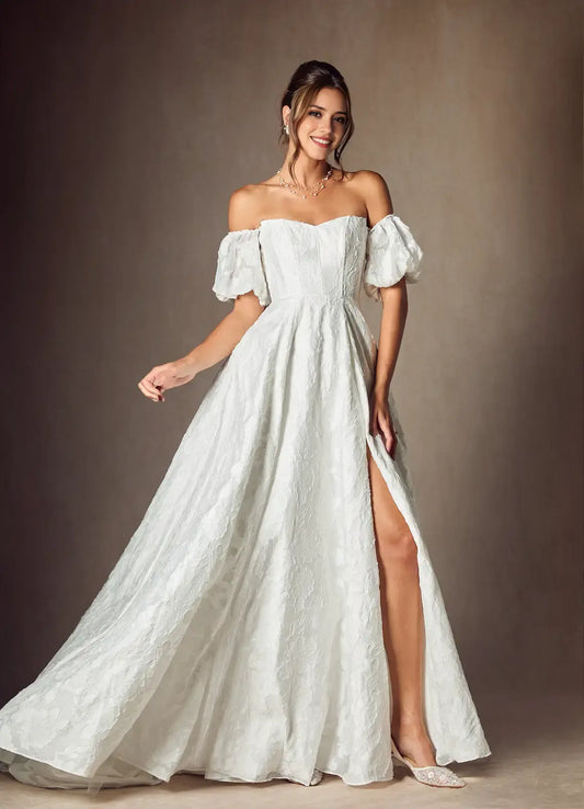 White A Line Off Shoulder Sweetheart Neckline Detachable Puff Sleeves Unique Floral Burnout Jacquard Backless Side Fork Fashion Hot Sale Wedding Dress