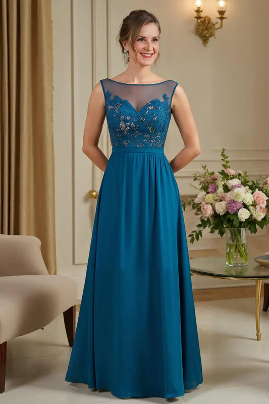 Elegant Peacock Blue A Line Boat Collar Sleeveless with Lace Appliques Ruched Hem Retro Long Wedding Guest Dress Hot Sale Mother of the Bride Dresses