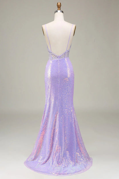 Sparkly Sequin Light Purple Party Dress Mermaid Spaghetti Strap Corset V Neck Beadwork Backless with Slit Charming Long Hot Sale Prom Dresses