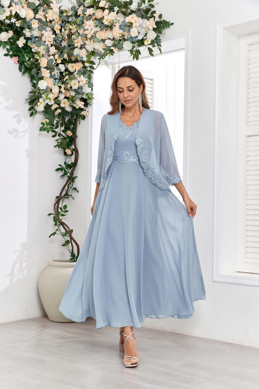AABEI DRESS High Quality Mother of The Bride Dress 2 Pieces with Jacket Sequins Lace Chiffon Formal Dresses