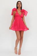 Sweet A Line Deep V Neck Tied Shoulder Sleeveless Backless Fuchsia Cute Mini Dress Hot Sale Homecoming Dress