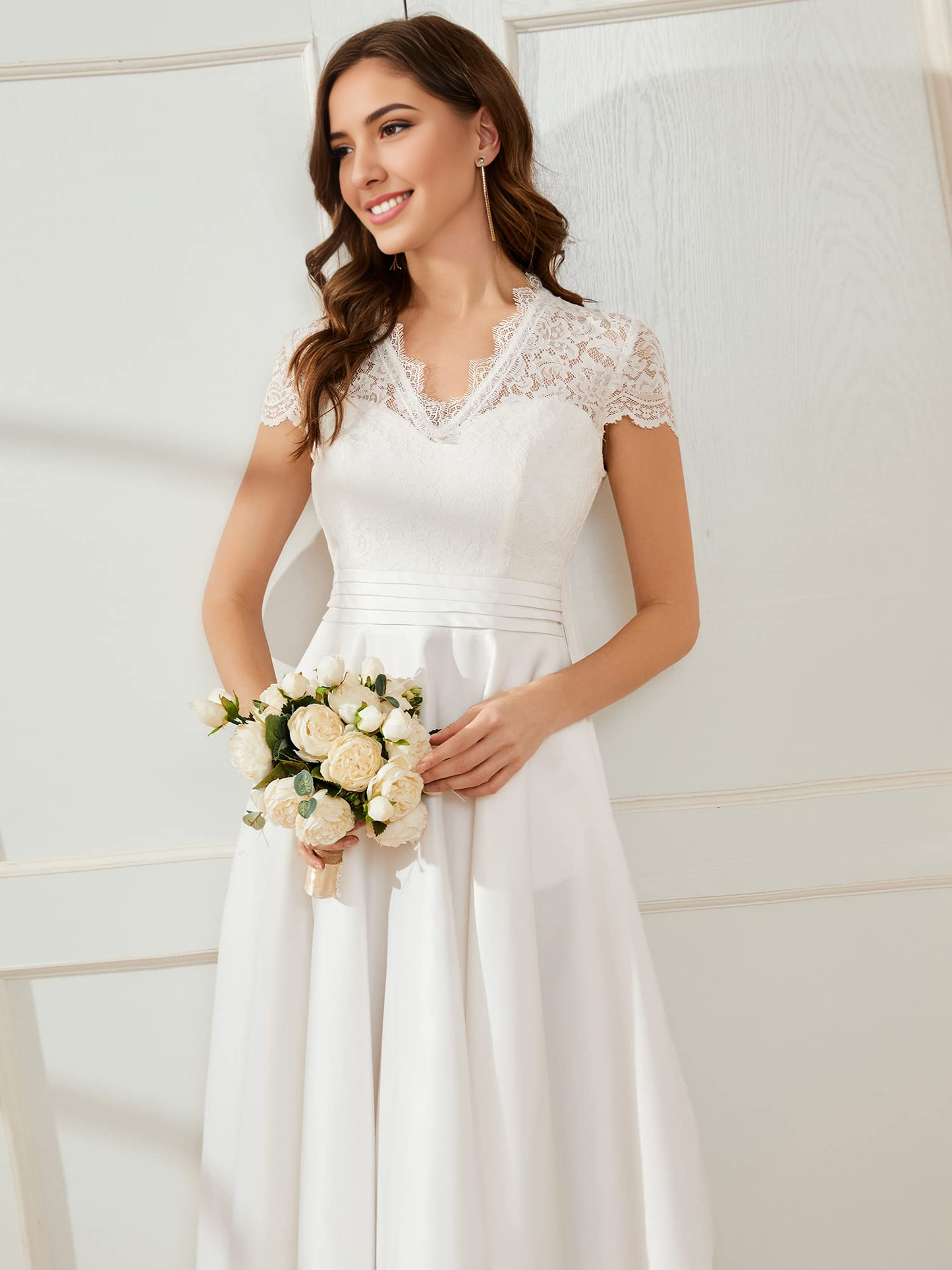 Ivory Lace A-Line V-Neck Back Zip Tea-Length Dress