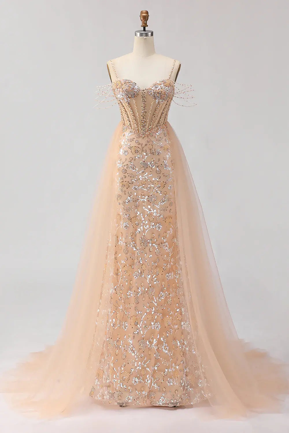 Luxury Prom Dress Champagne Sheath Sparkly Floral Tulle Beaded Spaghetti Strap Sweetheart Neckline Corset Backless Bargain Long Wedding Guest Dress