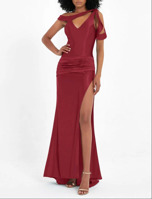AABEI DRESS Charming Mermaid High Slit Pleated Satin Open Back Side Fork Long Sweep Train Unique Evening Dress
