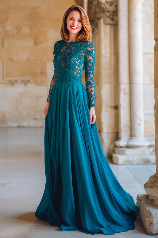 Exquisite Peacock Blue A-Line Round Neck Chiffon with Lace Ruched Retro Long Wedding Guest Dress For Women Hot Sale Mother of the Bride Dress