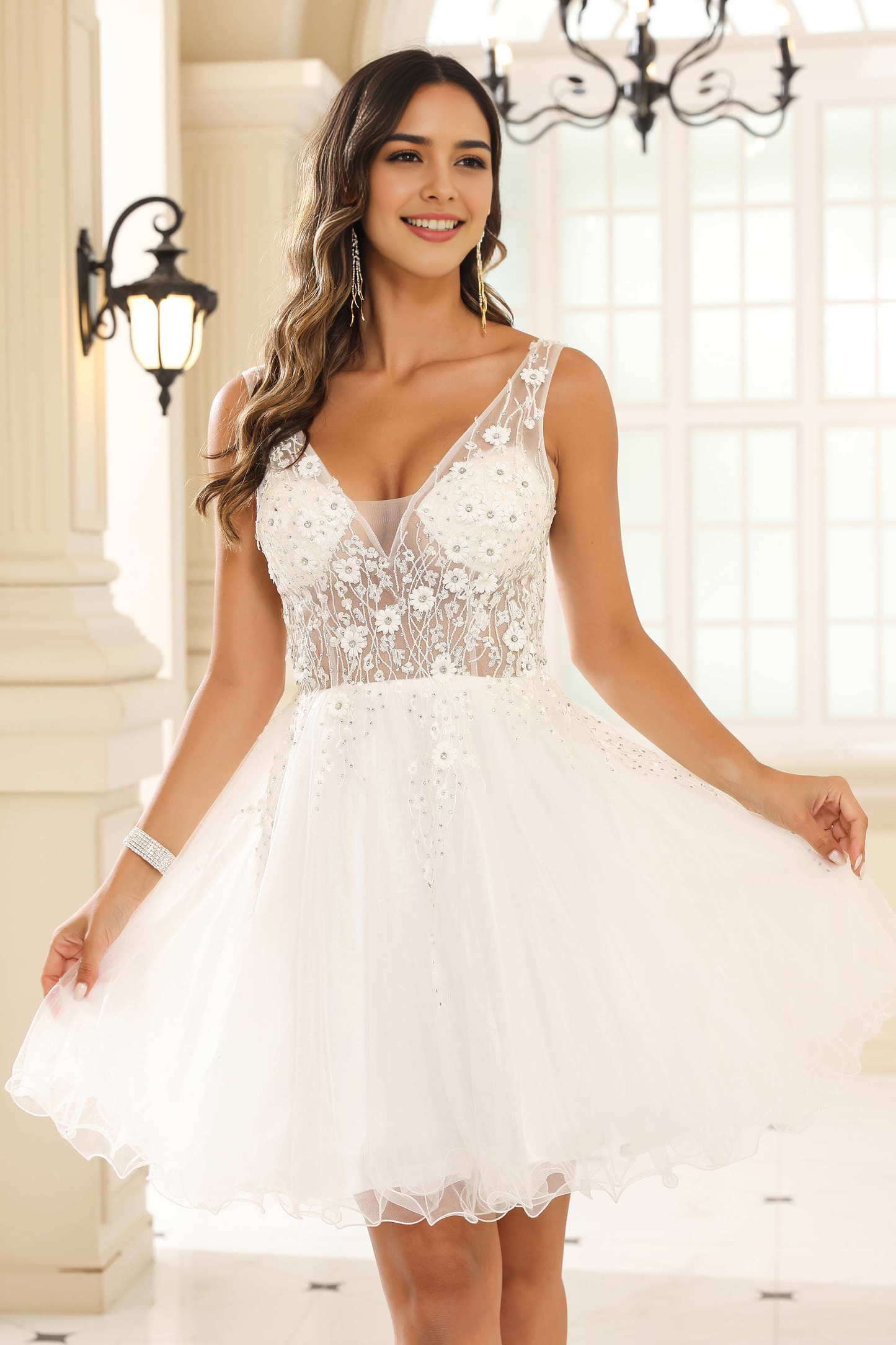 AABEI DRESS Short Dress Exquisite A-Line V-Neck Sleeveless Applique Tulle Romantic New Homecoming Dress
