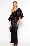 Black Satin Sheath Unique One Shoulder Ruffles Backless Fashion Long Formal Dress Hot Sale Evening Dresses