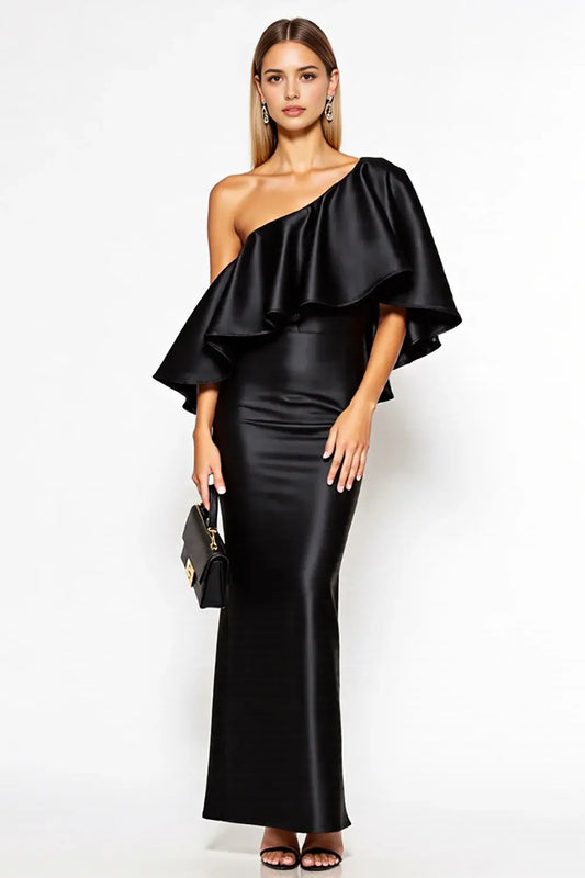 Black Satin Sheath Unique One Shoulder Ruffles Backless Fashion Long Formal Dress Hot Sale Evening Dresses
