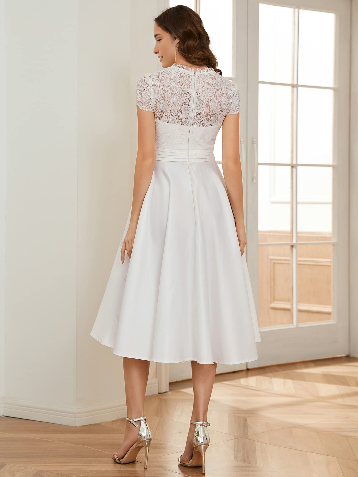 Ivory Lace A-Line V-Neck Back Zip Tea-Length Dress