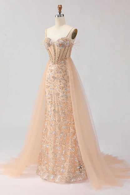 Luxury Prom Dress Champagne Sheath Sparkly Floral Tulle Beaded Spaghetti Strap Sweetheart Neckline Corset Backless Bargain Long Wedding Guest Dress