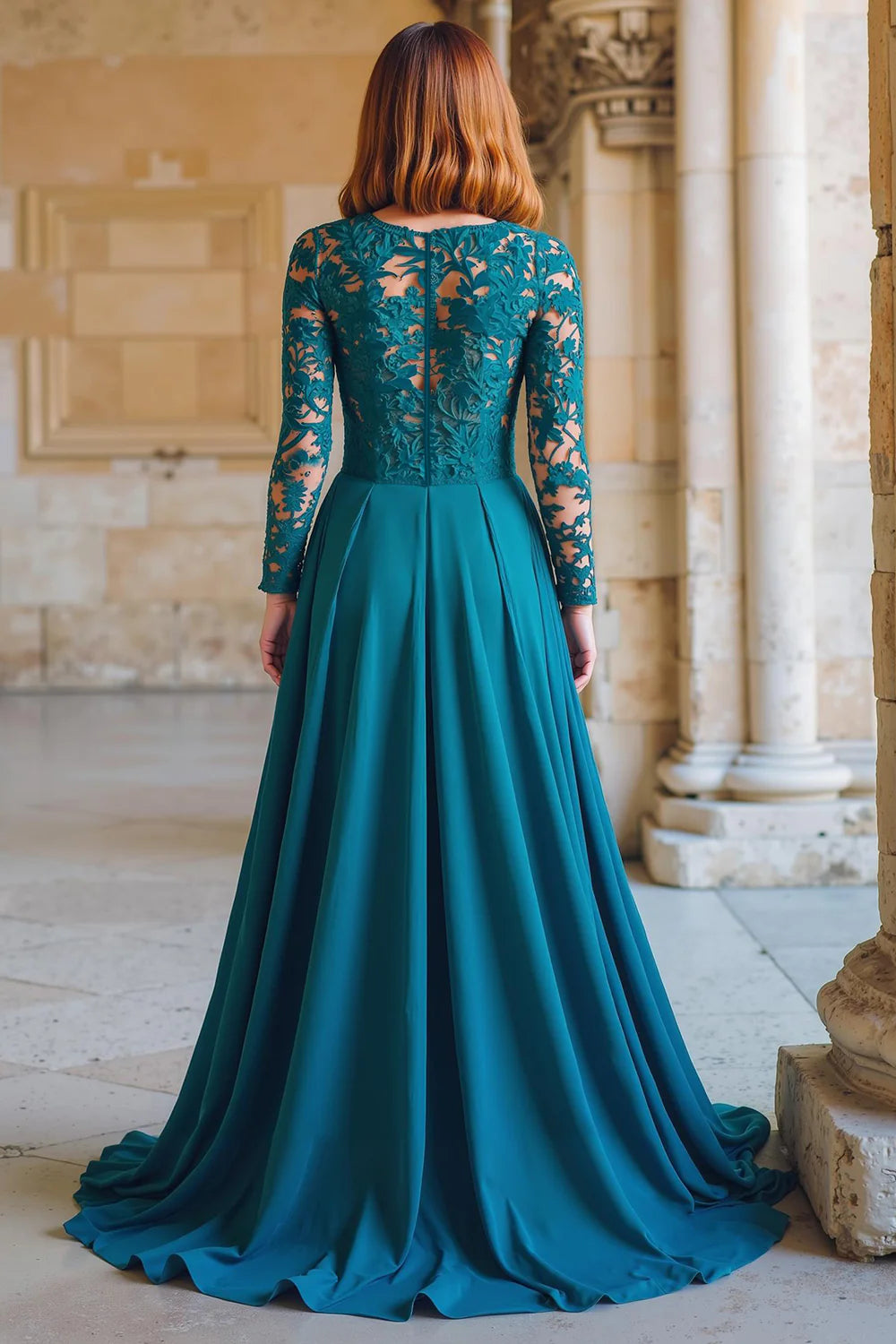 Exquisite Peacock Blue A-Line Round Neck Chiffon with Lace Ruched Retro Long Wedding Guest Dress For Women Hot Sale Mother of the Bride Dress