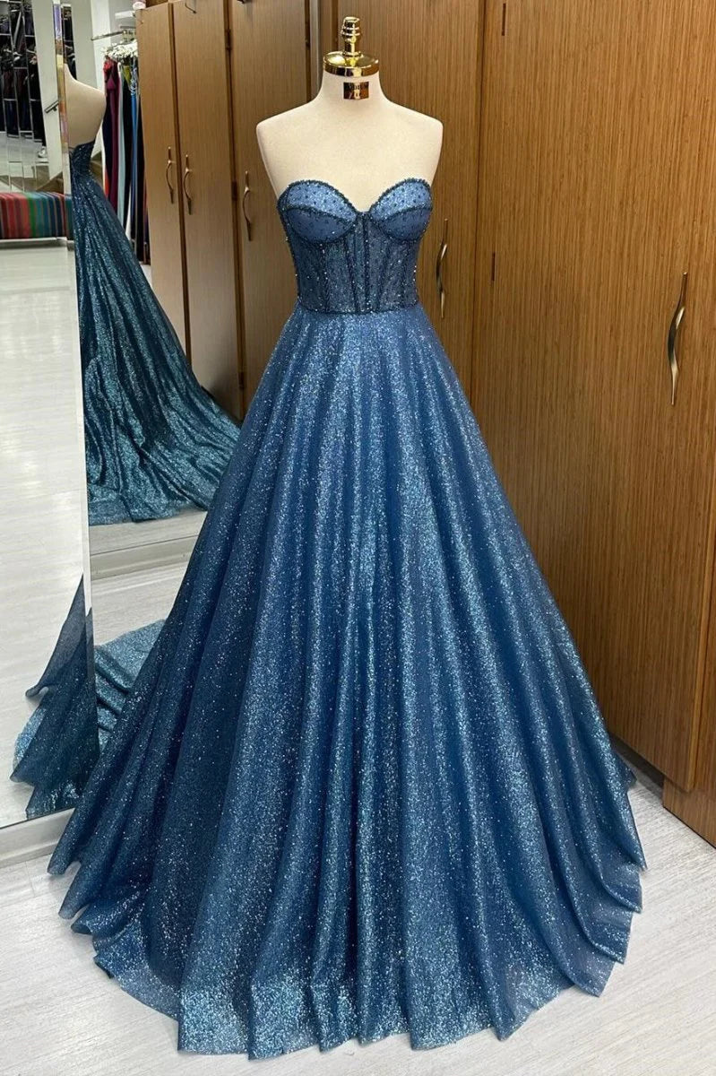 Navy Blue Sequin Sparkle A-Line Strapless Sweetheart Neckline Beaded Gorgeous Wedding Guest Dress Long Hot Sale Prom Dresses