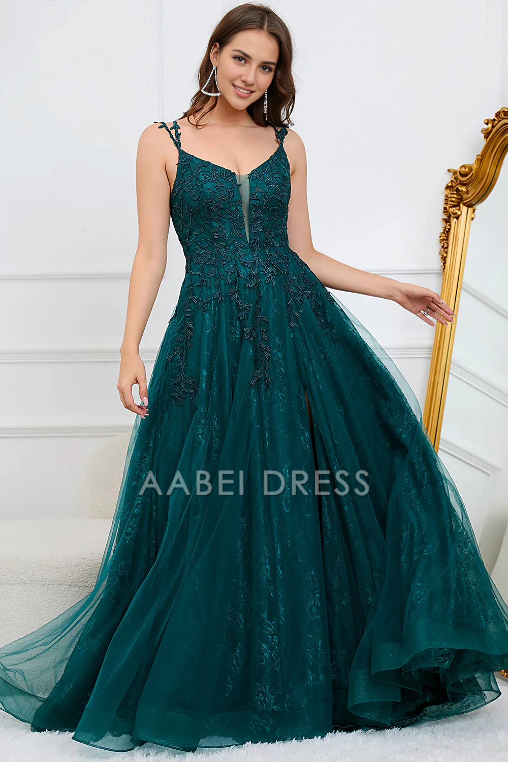 AABEI DRESS Hot Sale Prom Dress Elegant A Line Spaghetti Straps Lace Appliques Side Fork Long Party Dress