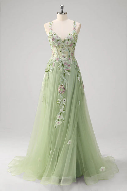 Green Floral Exquisite Party Dress A-Line Deep V Neck Sleeveless Applique Tulle Backless with Slit Romantic Long Hot Sale Prom Dresses