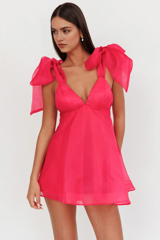 Sweet A Line Deep V Neck Tied Shoulder Sleeveless Backless Fuchsia Cute Mini Dress Hot Sale Homecoming Dress