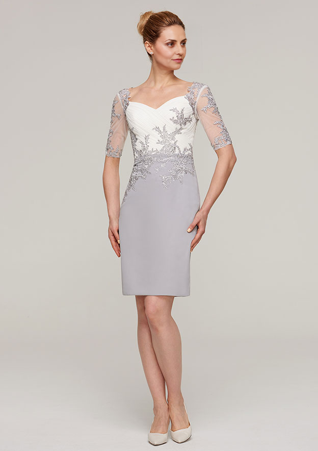 Classic Vintage Wedding Guest Dresses Chiffon Sheath/Column V Neck Short Sleeve Pleated Lace Appliqued With Half Sleeve Jacket Two-Piece Knee-Length Bargain Mother of the Bride Dress