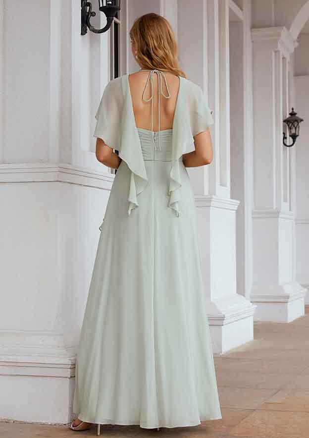 Fashion Mint Green Chiffon A-line V Neck Short Sleeve With Pleated Tiers Ruffles Backless Affordable Floor-Length Bridesmaid Dress