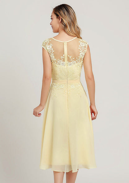Elegant Wedding Guest Dresses Yellow Chiffon A-line Scoop Neck Sleeveless Lace Applique Sashes With Long Sleeves Jacket Two-Piece Tea-Length Bargain Mother of the Bride Dress