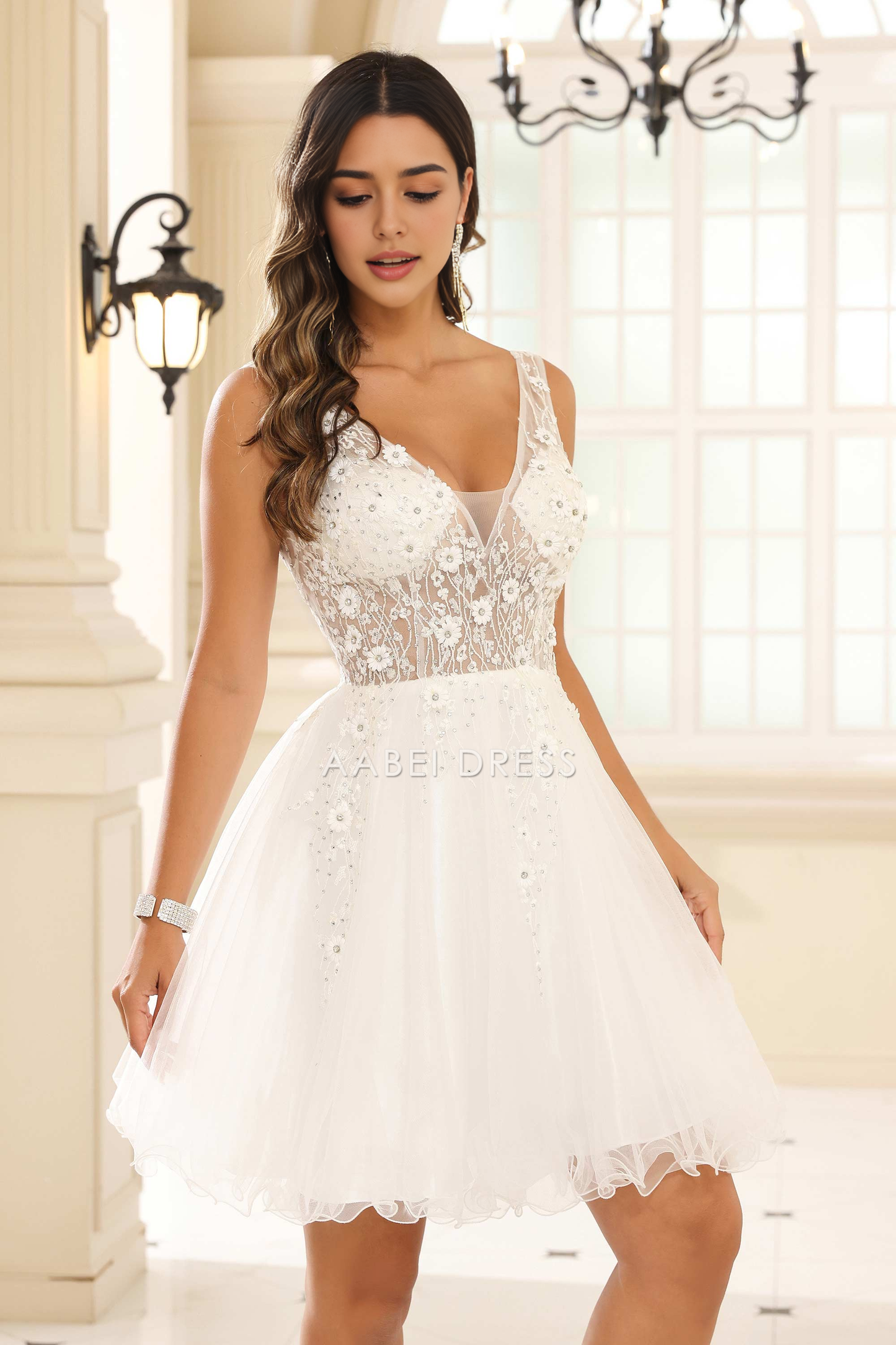 AABEI DRESS Short Dress Exquisite A-Line V-Neck Sleeveless Applique Tulle Romantic New Homecoming Dress