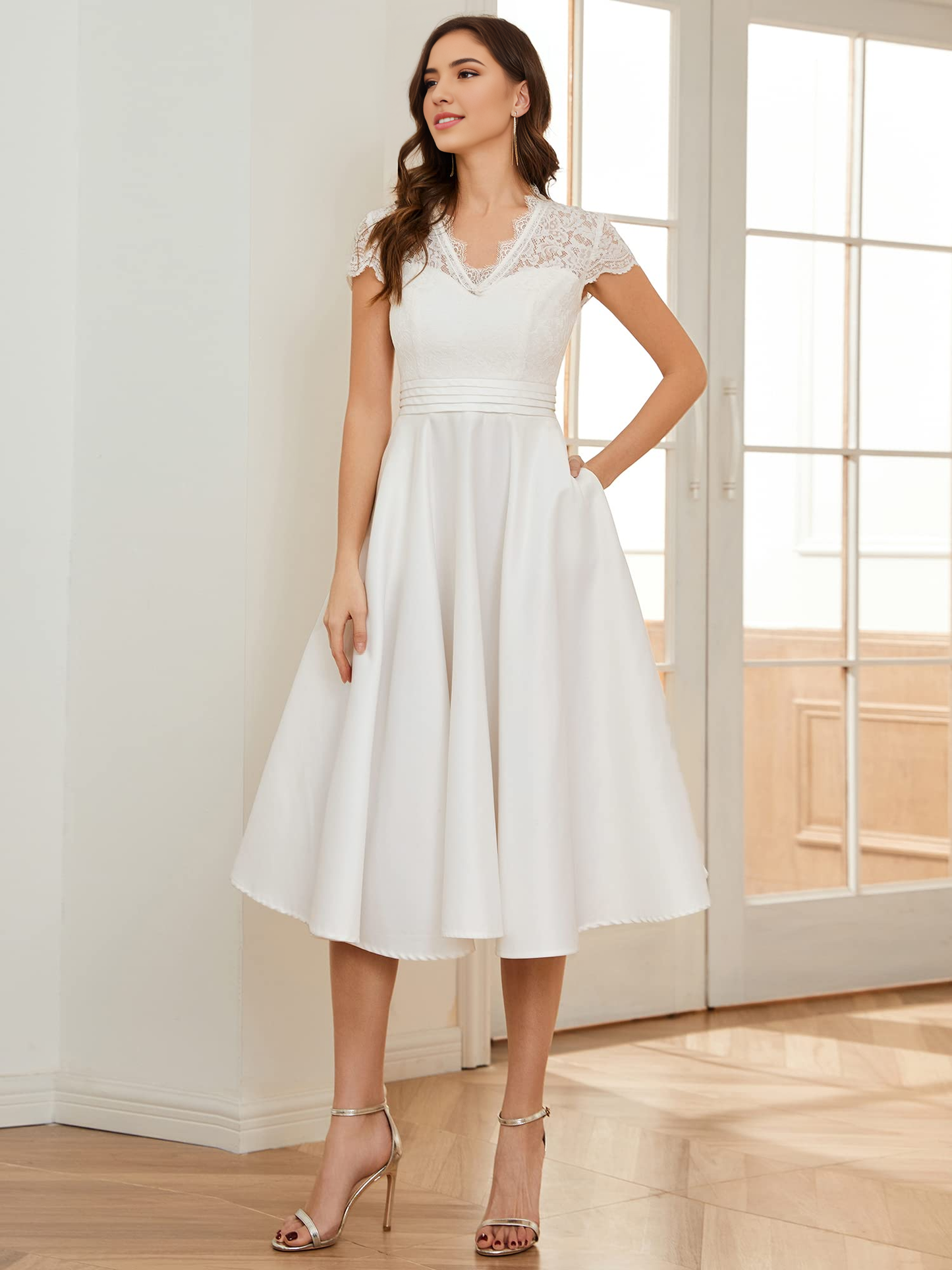 Ivory Lace A-Line V-Neck Back Zip Tea-Length Dress