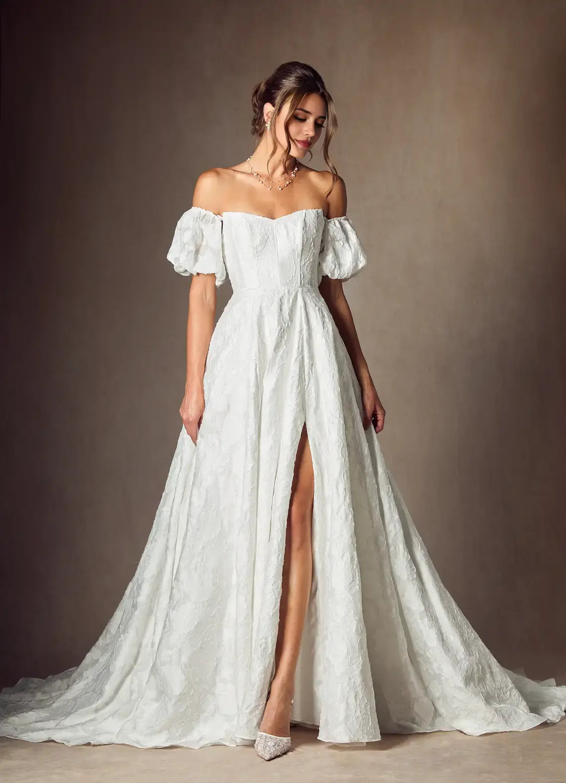 White A Line Off Shoulder Sweetheart Neckline Detachable Puff Sleeves Unique Floral Burnout Jacquard Backless Side Fork Fashion Hot Sale Wedding Dress