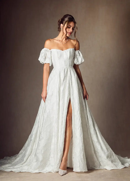 White A Line Off Shoulder Sweetheart Neckline Detachable Puff Sleeves Unique Floral Burnout Jacquard Backless Side Fork Fashion Hot Sale Wedding Dress