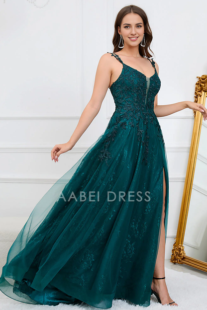 AABEI DRESS Hot Sale Prom Dress Elegant A Line Spaghetti Straps Lace Appliques Side Fork Long Party Dress