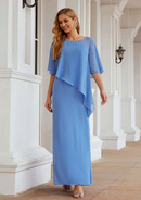Minimalist Wedding Guest Dresses Blue Chiffon Sheath/Column Scoop Neck Batwing Sleeve Ruched Ankle-Length Bargain Mother of the Bride Dress