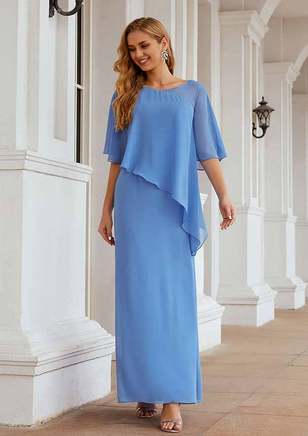 Minimalist Wedding Guest Dresses Blue Chiffon Sheath/Column Scoop Neck Batwing Sleeve Ruched Ankle-Length Bargain Mother of the Bride Dress