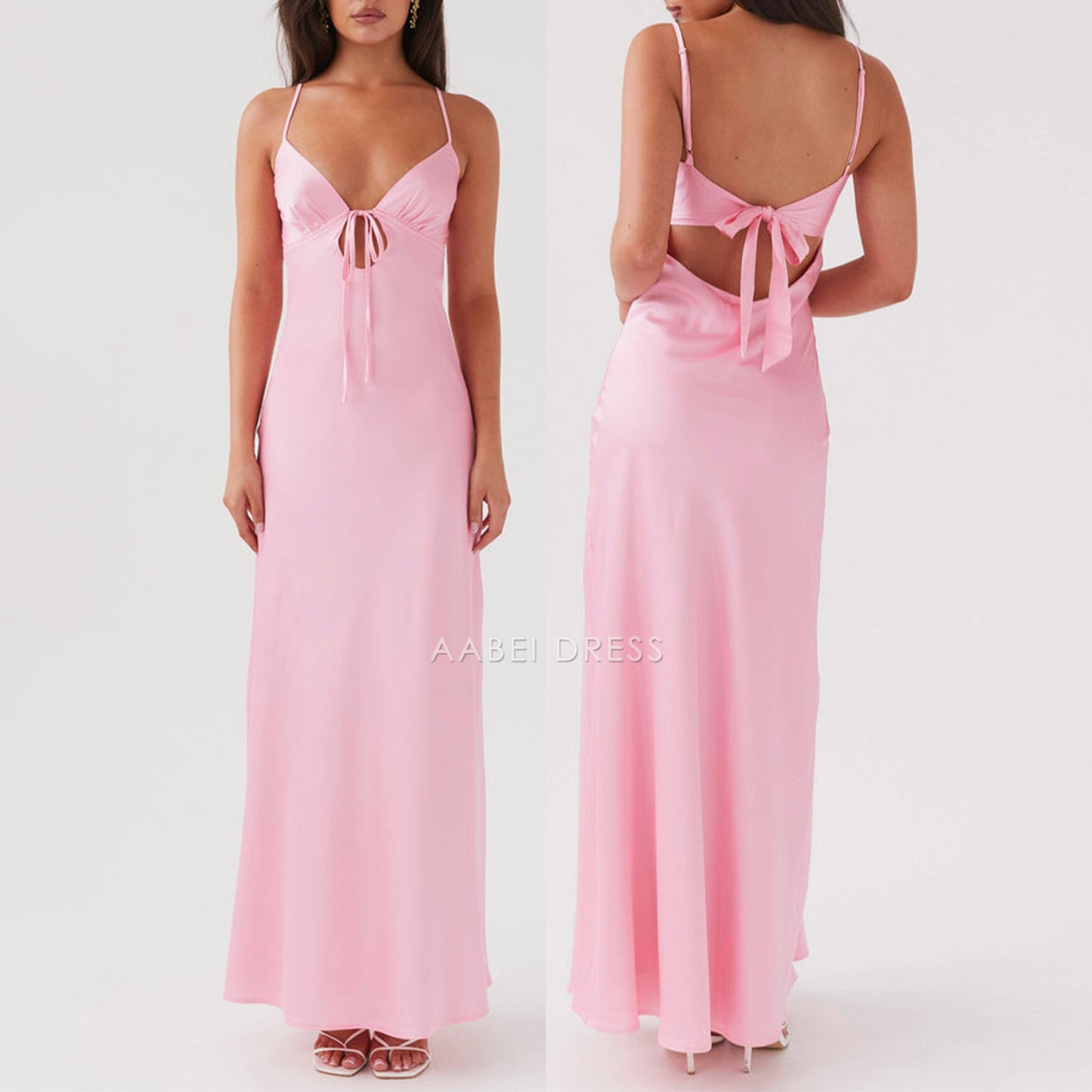 AABEI DRESS Elegant Solid Color Adjustable Thin Shoulder Straps Cutout Tie-Up Front Backless sexy Long Prom Dresses