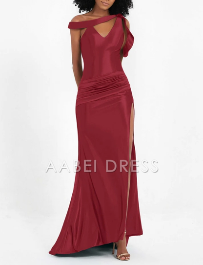 AABEI DRESS Charming Mermaid High Slit Pleated Satin Open Back Side Fork Long Sweep Train Unique Evening Dress