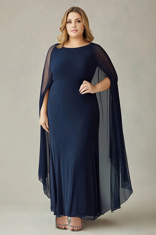 AABEI DRESS Mother Of The Bride Dress Plus Size Boat Collar Elegant Chiffon Back Cape Long Formal Wear Dresse
