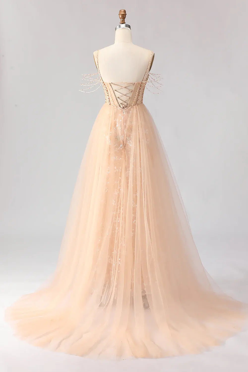 Luxury Prom Dress Champagne Sheath Sparkly Floral Tulle Beaded Spaghetti Strap Sweetheart Neckline Corset Backless Bargain Long Wedding Guest Dress