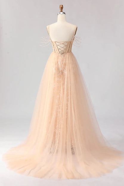 Luxury Prom Dress Champagne Sheath Sparkly Floral Tulle Beaded Spaghetti Strap Sweetheart Neckline Corset Backless Bargain Long Wedding Guest Dress