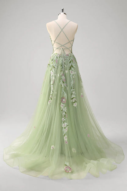 Green Floral Exquisite Party Dress A-Line Deep V Neck Sleeveless Applique Tulle Backless with Slit Romantic Long Hot Sale Prom Dresses