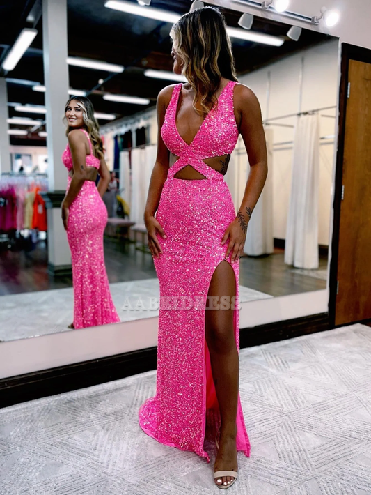 Evening Dress Deep V Neck Mermaid Sequins Prom Dress Side Fork Sexy Charming Formal Women's Dresses