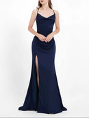 AABEI DRESS Charming Sheath Cowl neck Spaghetti Straps Backless Lace up Side Slit Dress Sweep Train Simple Evening Dress