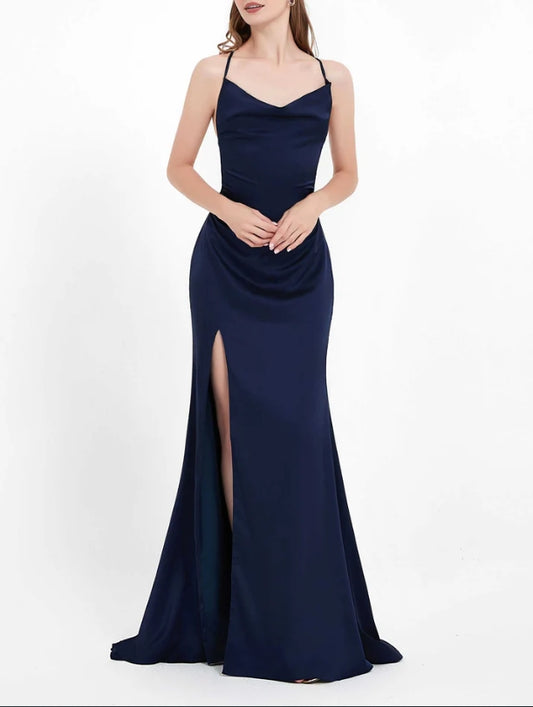 AABEI DRESS Charming Sheath Cowl neck Spaghetti Straps Backless Lace up Side Slit Dress Sweep Train Simple Evening Dress