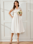 Ivory Lace A-Line V-Neck Back Zip Tea-Length Dress