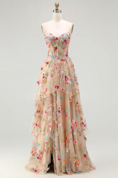 Luxury Prom Dress Sparkly Champagne A-Line Corset Spaghetti Strap Sweetheart Neckline Sleeveless Beading Flowers Tiers Ruffles Side Fork Backless Bargain Long Wedding Guest Dress