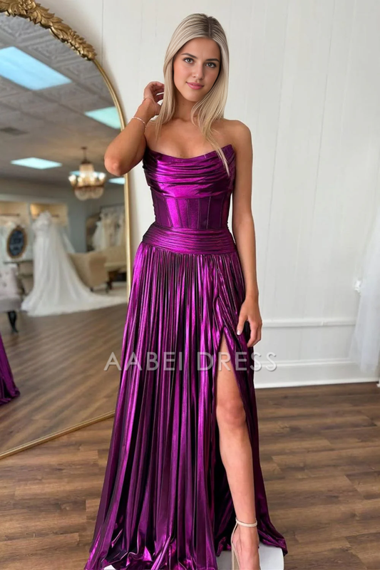 AABEI DRESS Hot Sale Prom Dress A-Line Strapless Long Pleated Metallic with Slit Fashion Formal Dress