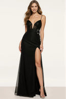 Sparkly Black Mermaid Spaghetti Straps Deep V Neck Backless Beading with Side Fork Fashion Long Formal Dress Hot Sale Evening Dresses