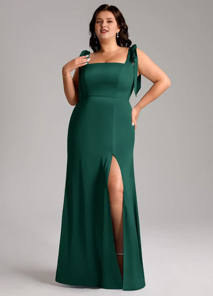 Wedding Guests Dresses Emerald A-Line Square Neck Bow Strap Sleeveless Side Fork Backless Floor-Length Fashion Plus Size Formal Dress Discount Hot Sale Prom Dress