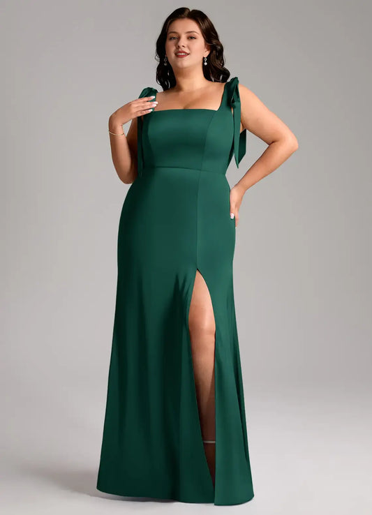 Wedding Guests Dresses Emerald A-Line Square Neck Bow Strap Sleeveless Side Fork Backless Floor-Length Fashion Plus Size Formal Dress Discount Hot Sale Prom Dress