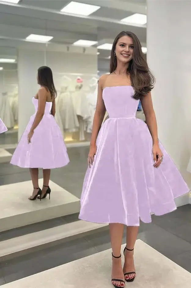 Elegant Formal Women's Dresses Simple Black A Lin Strapless Sleeveless Tea Length Ruched Hem Affordable Prom Dress