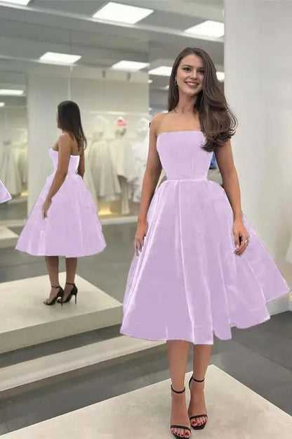 Elegant Formal Women's Dresses Simple Black A Lin Strapless Sleeveless Tea Length Ruched Hem Affordable Prom Dress